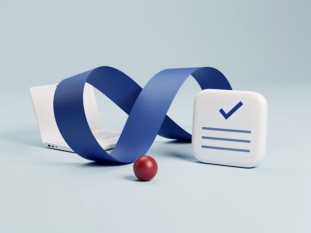 A blue ribbon linking a laptop to a checked-off ticket